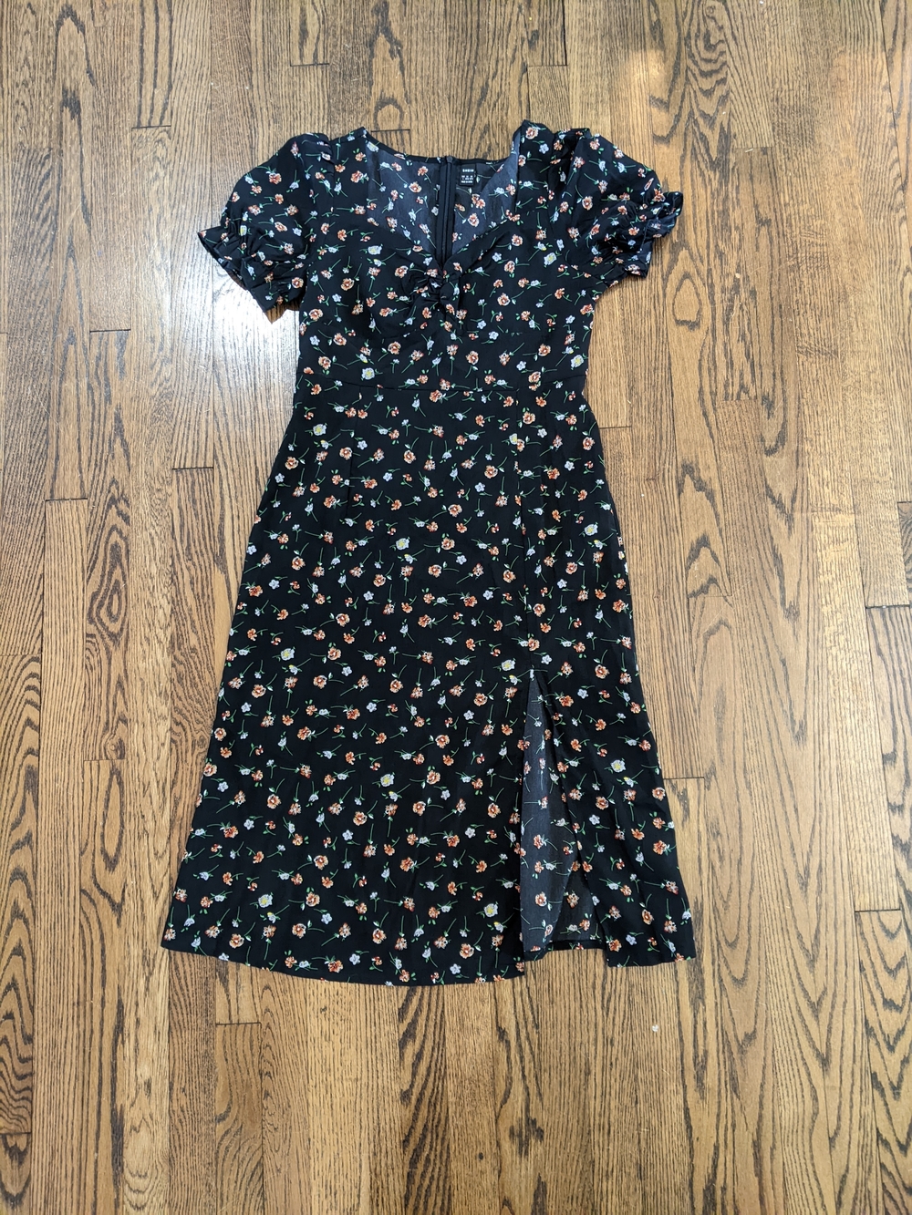 Black Floral Midi Dress with Puff Sleeves With Cinched Bodice
